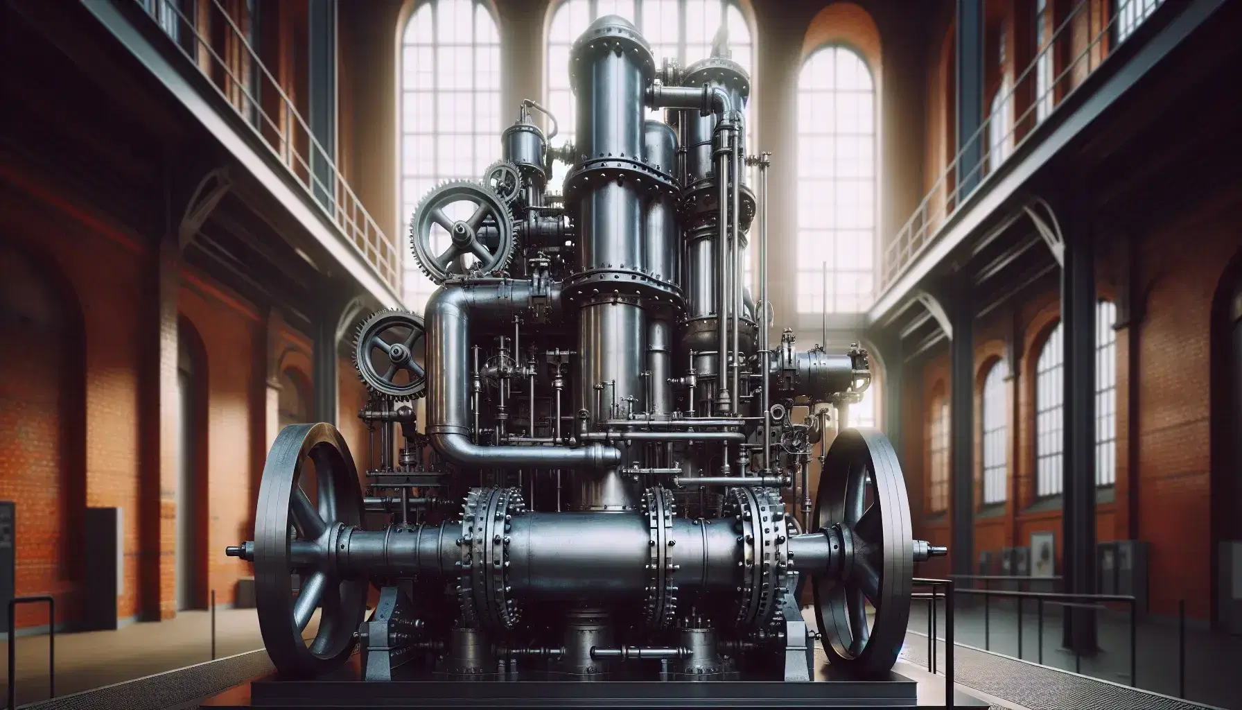 Motor de vapor antiguo con tuberías metálicas y cilindros en un museo, resaltado por una pared de ladrillos rojos y suave iluminación natural.