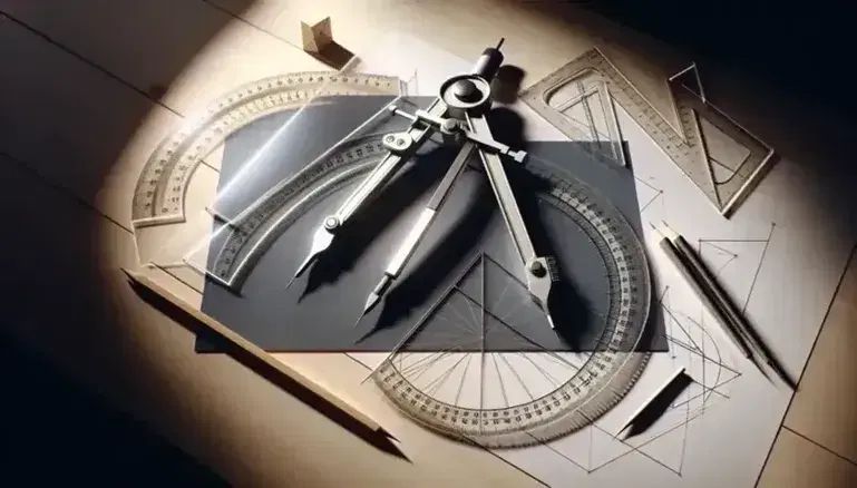 Set di strumenti geometrici su superficie in legno chiaro con compasso metallico, righello, protractor, trasportatore e triangolo equilatero.