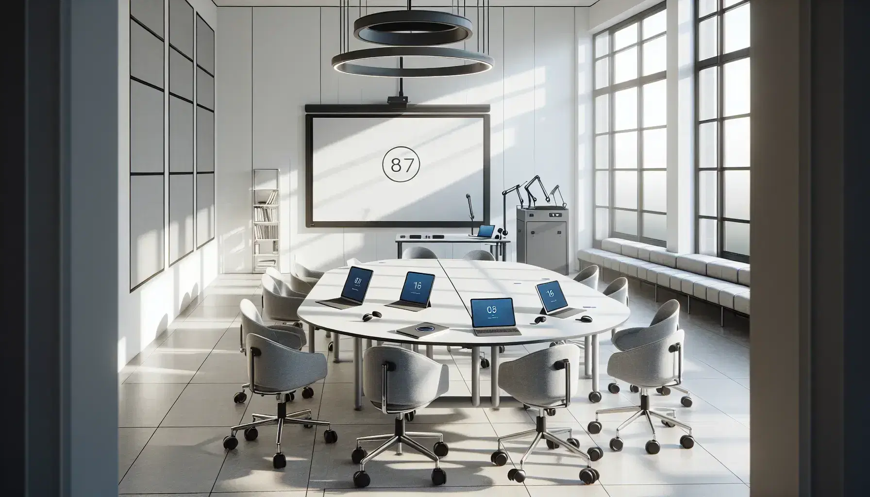 Aula moderna e luminosa con tavolo ovale, sedie ergonomiche, laptop, tablet, cuffie wireless, carrello con proiettore e lavagna interattiva.