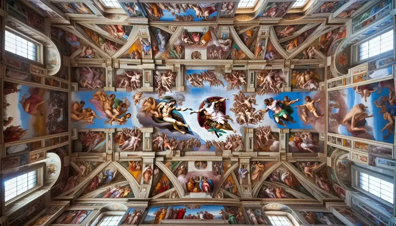 Soffitto affrescato della Cappella Sistina con la scena della Creazione di Adamo, colori vivaci e figure circondate da motivi decorativi.