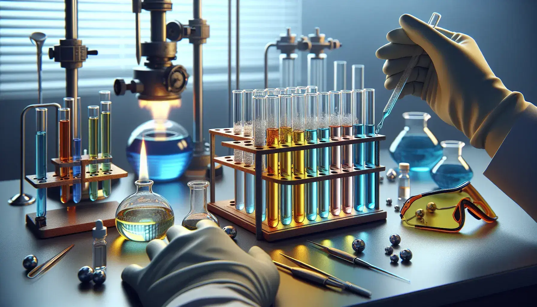 Chemical laboratory with test tubes containing colored solutions of group 2 metals, safety glasses and hands with pipette.