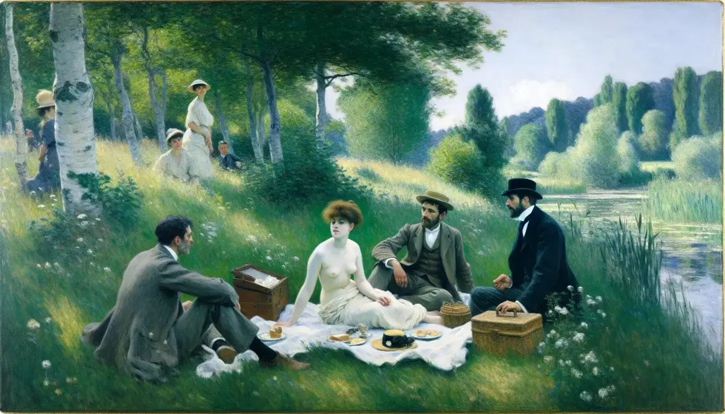 Dipinto 'Le Déjeuner sur l'herbe' di Manet con donna nuda e uomini in abito, conversanti in un idilliaco paesaggio boschivo.