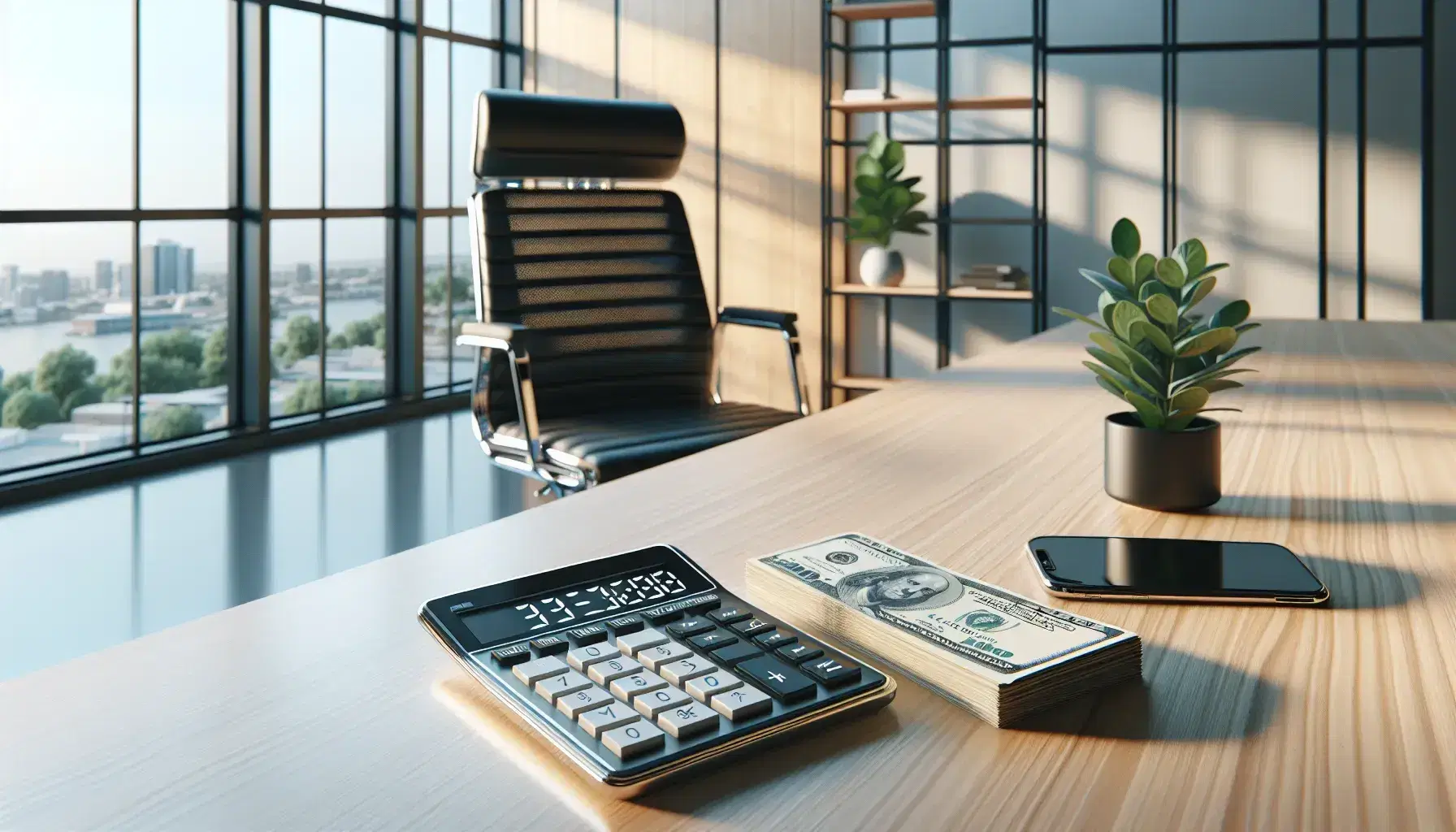 Mesa de madera clara con calculadora negra, billetes variados y smartphone, silla de oficina ergonómica y planta interior, ventana con cielo azul.