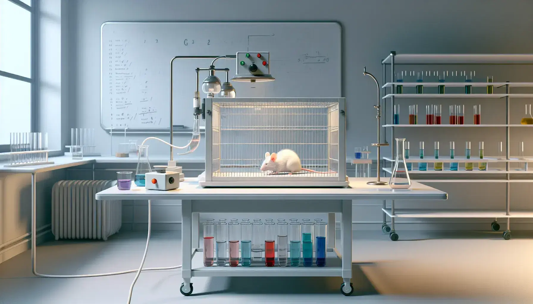 Laboratorio de psicología con ratón blanco explorando una jaula transparente, dispositivo con botón y dispensador de comida, y tubos de ensayo con líquidos de colores.