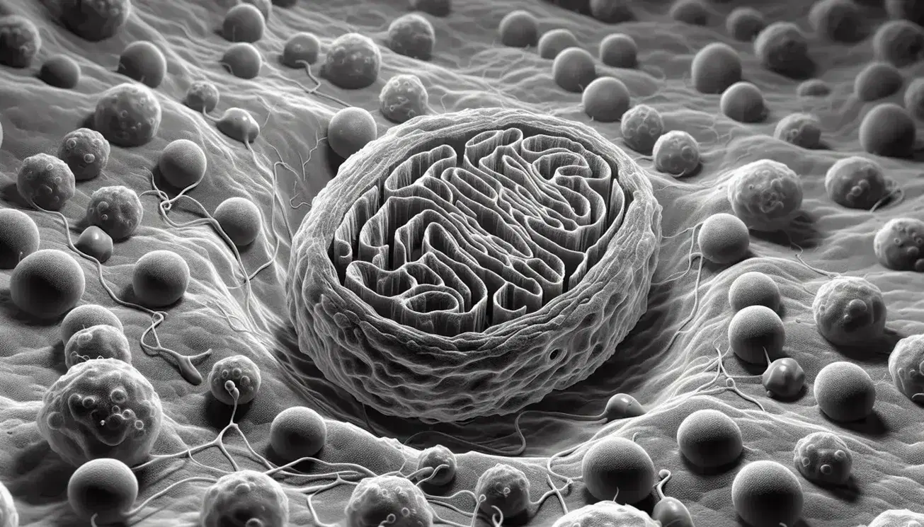 Vista microscópica de células humanas con mitocondria central y orgánulos circundantes en tejido, destacando la complejidad celular.