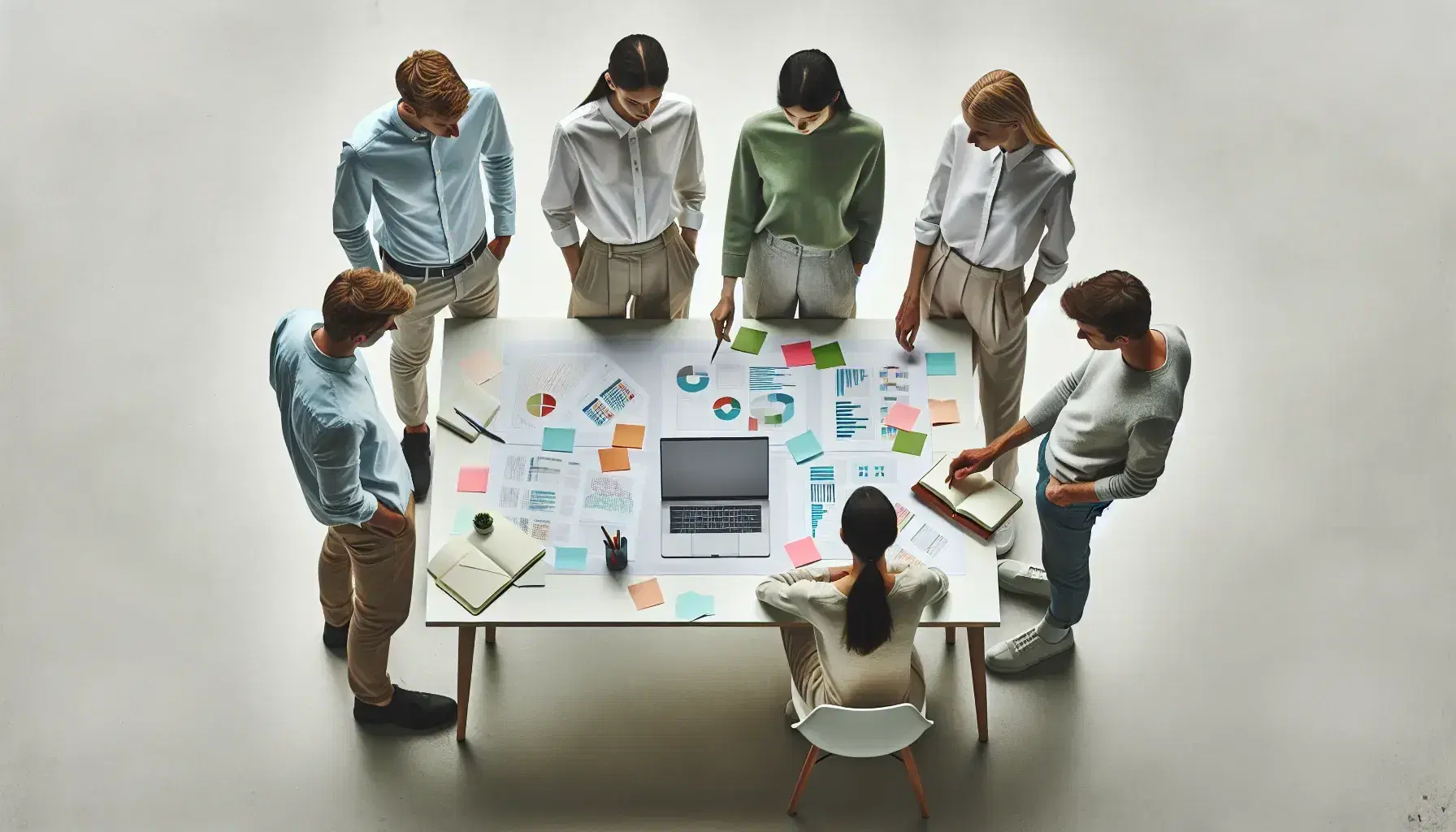 Grupo de cinco personas colaborando en proyecto con laptop, documentos y post-its sobre mesa blanca en ambiente de trabajo iluminado.