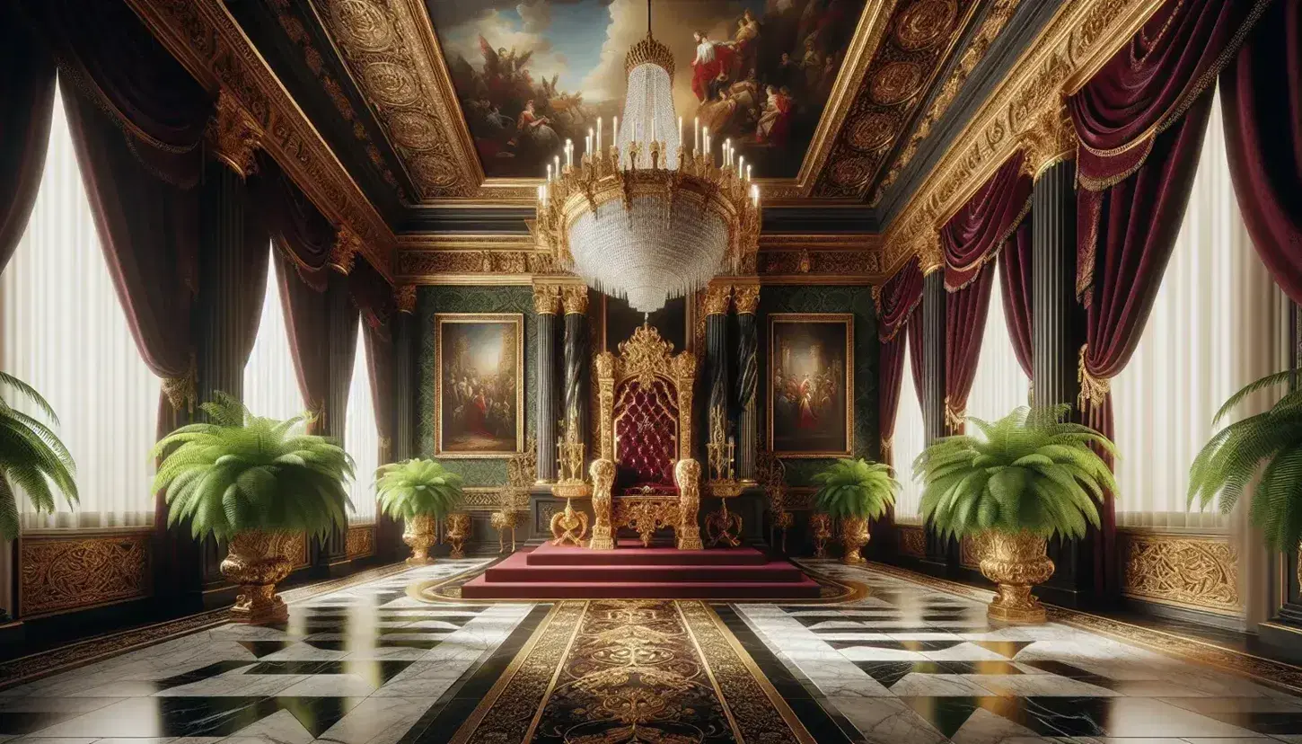 Opulent throne room with gilded throne, red velvet upholstery, marble floor, crystal chandelier, frescoed ceiling, and lush ferns.