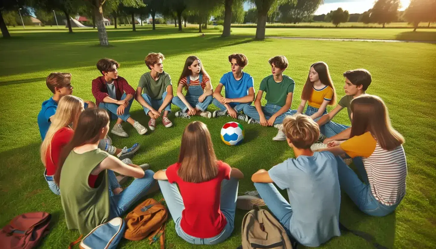 Gruppo di adolescenti seduti in cerchio su prato verde con pallone da calcio colorato al centro, ascoltano ragazzo che parla.