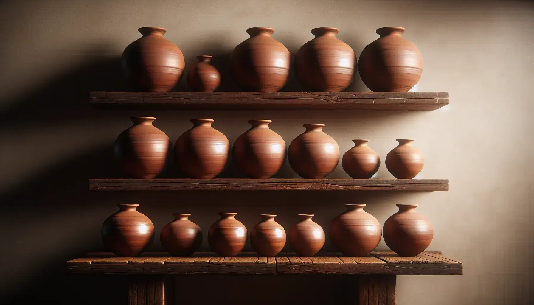 Series of identical terracotta pots on a rustic wooden shelf, dark brown in color and distressed texture, on a neutral beige background.