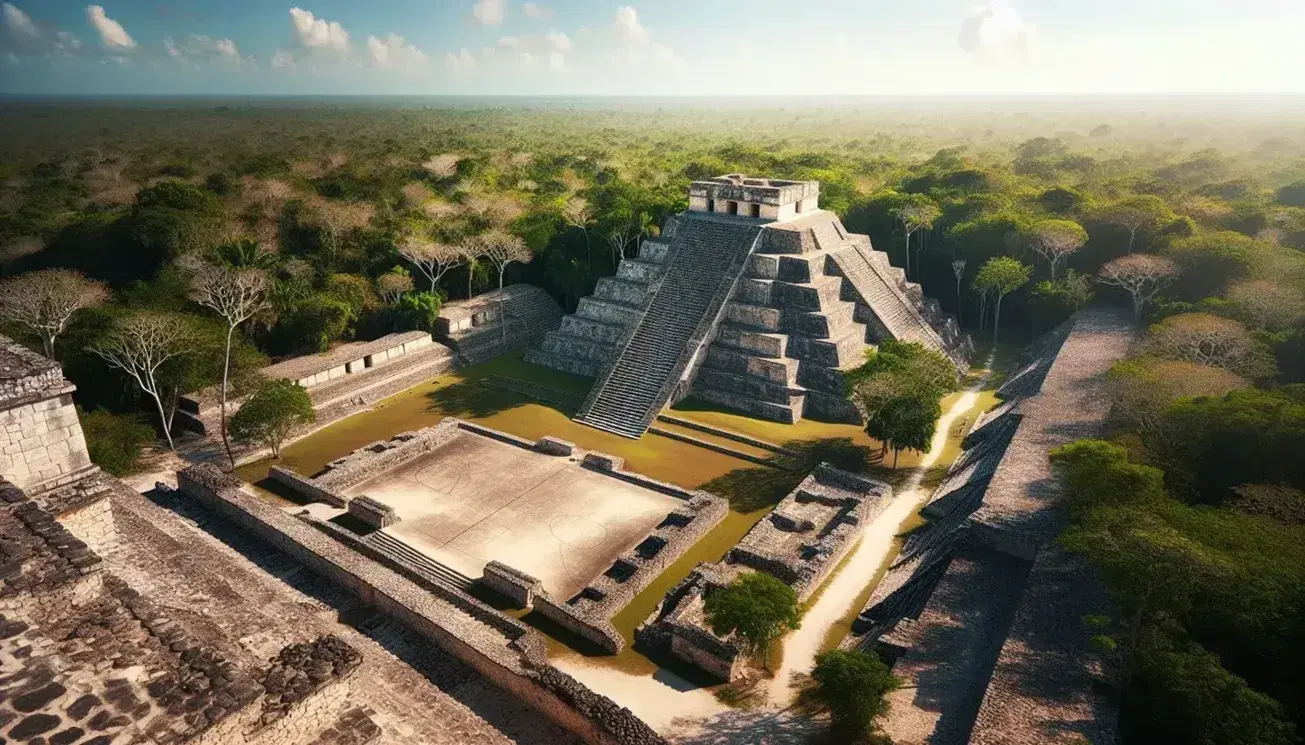 Vista panorámica de las ruinas mayas con pirámide escalonada y cancha de juego de pelota, rodeadas de vegetación y cielo azul despejado.