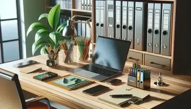 Tidy office with wooden desk, silver laptop, colorful folders, jar with pens and digital voice recorder, green plant and person with tablet.