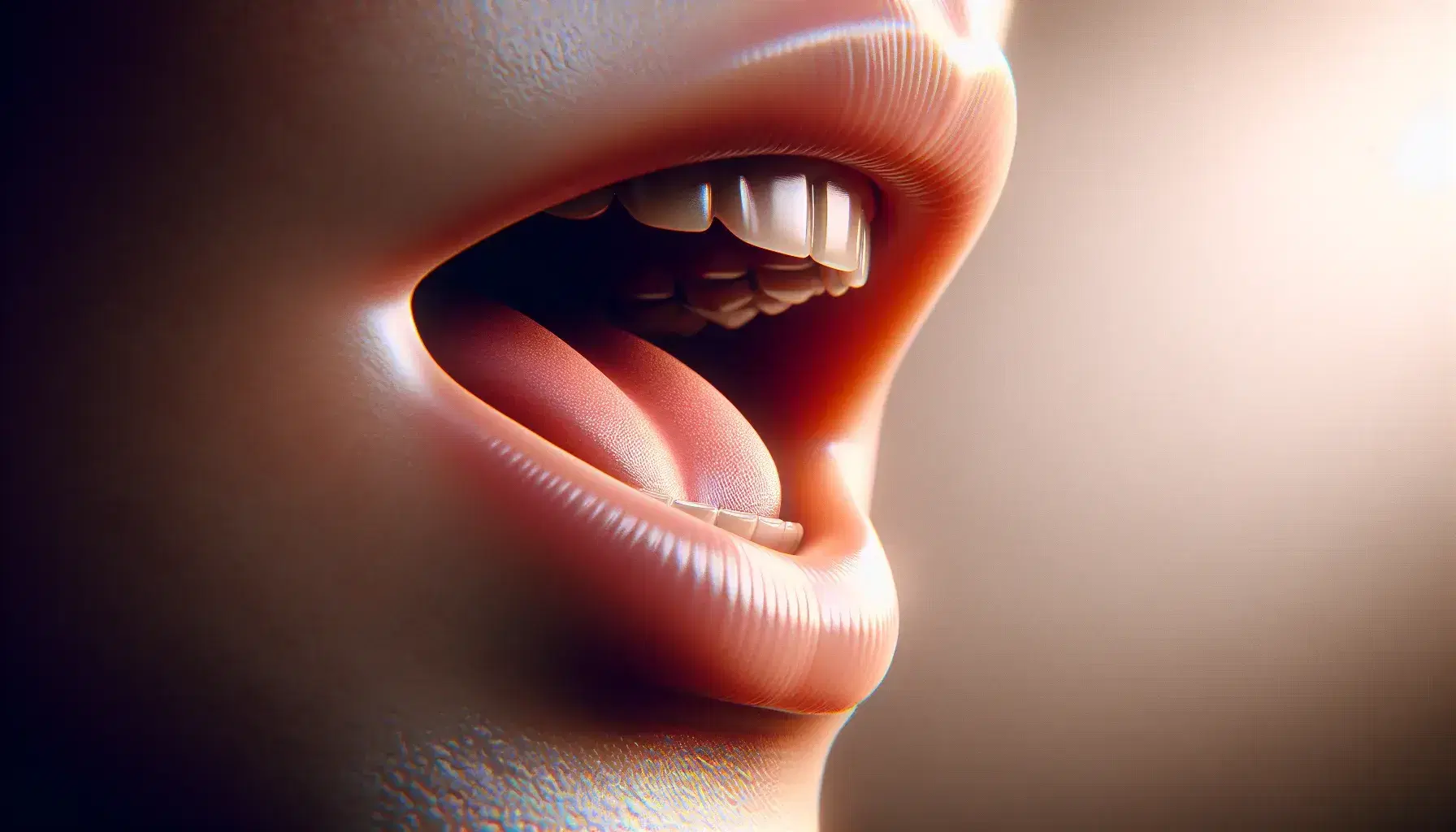 Close-up profile view of a human mouth with slightly parted lips and visible teeth, tongue positioned as if pronouncing a vowel, in soft lighting.
