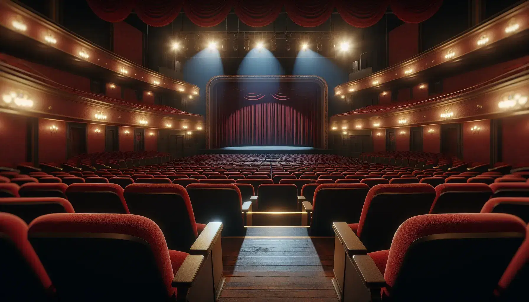 Escenario de teatro vacío con asientos rojos en primer plano y cortinas a los lados, iluminado por focos, listo para una actuación.
