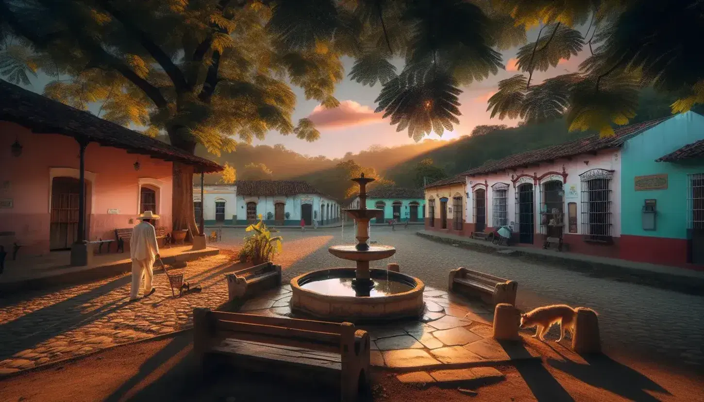 Plaza de pueblo latinoamericano al amanecer con fuente de piedra, bancas de madera, casas color pastel, hombre caminando y perro descansando.