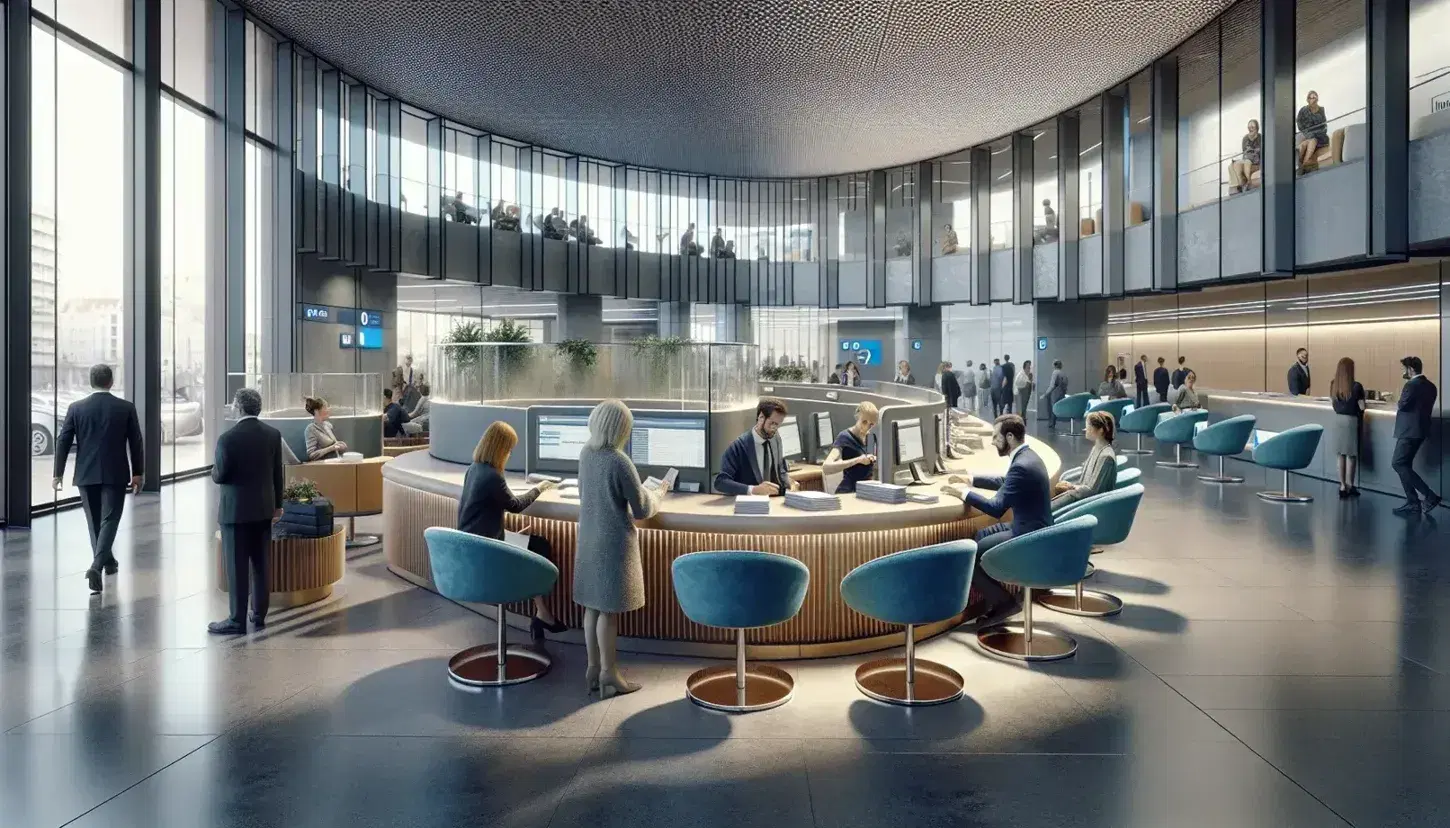 Modern Spanish bank branch interior with customers at teller counters, seating on blue chairs, and private consultations in frosted glass areas.