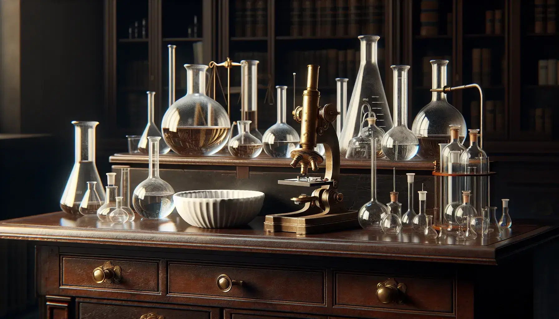 Vintage laboratory with wooden workbench, assorted glass flasks, brass microscope, ceramic washbasin, and shelves with leather-bound books.