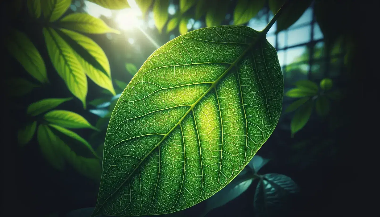 Vibrant green leaf in close-up with intricate veins and stomata visible, lit by the sun against blurred foliage background.