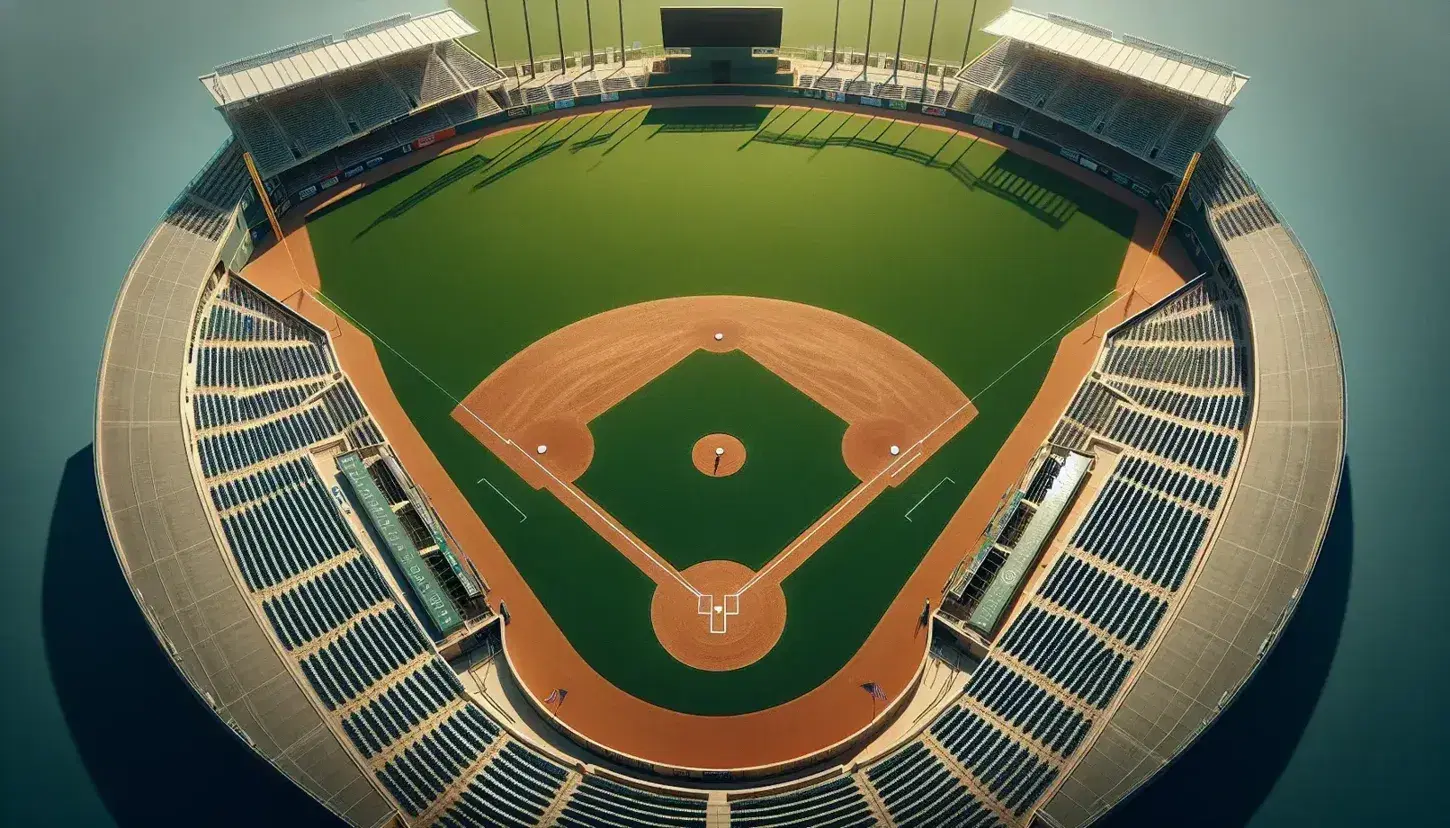Vista aérea de un campo de béisbol vacío con diamante de arcilla, montículo del lanzador y gradas semicirculares en un día soleado.