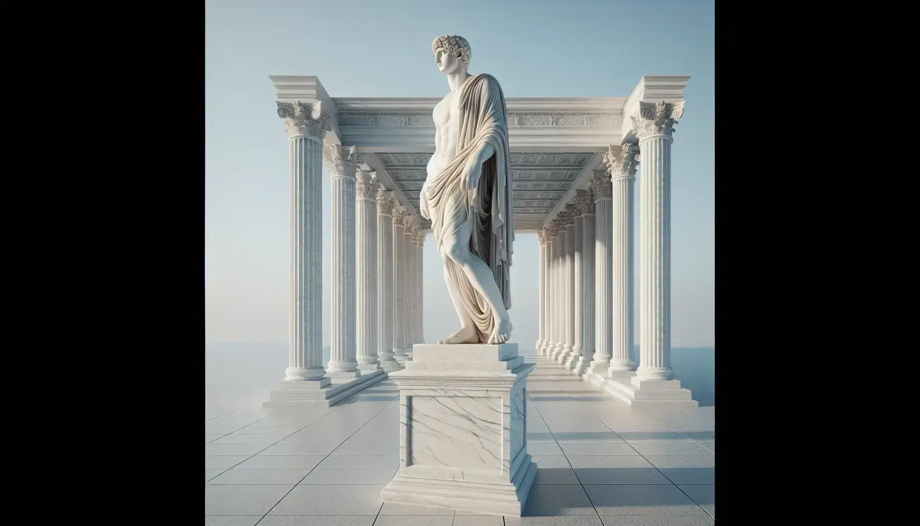 Escultura de mármol blanco de figura masculina en toga romana sobre pedestal, con columnas dóricas y cielo azul de fondo.