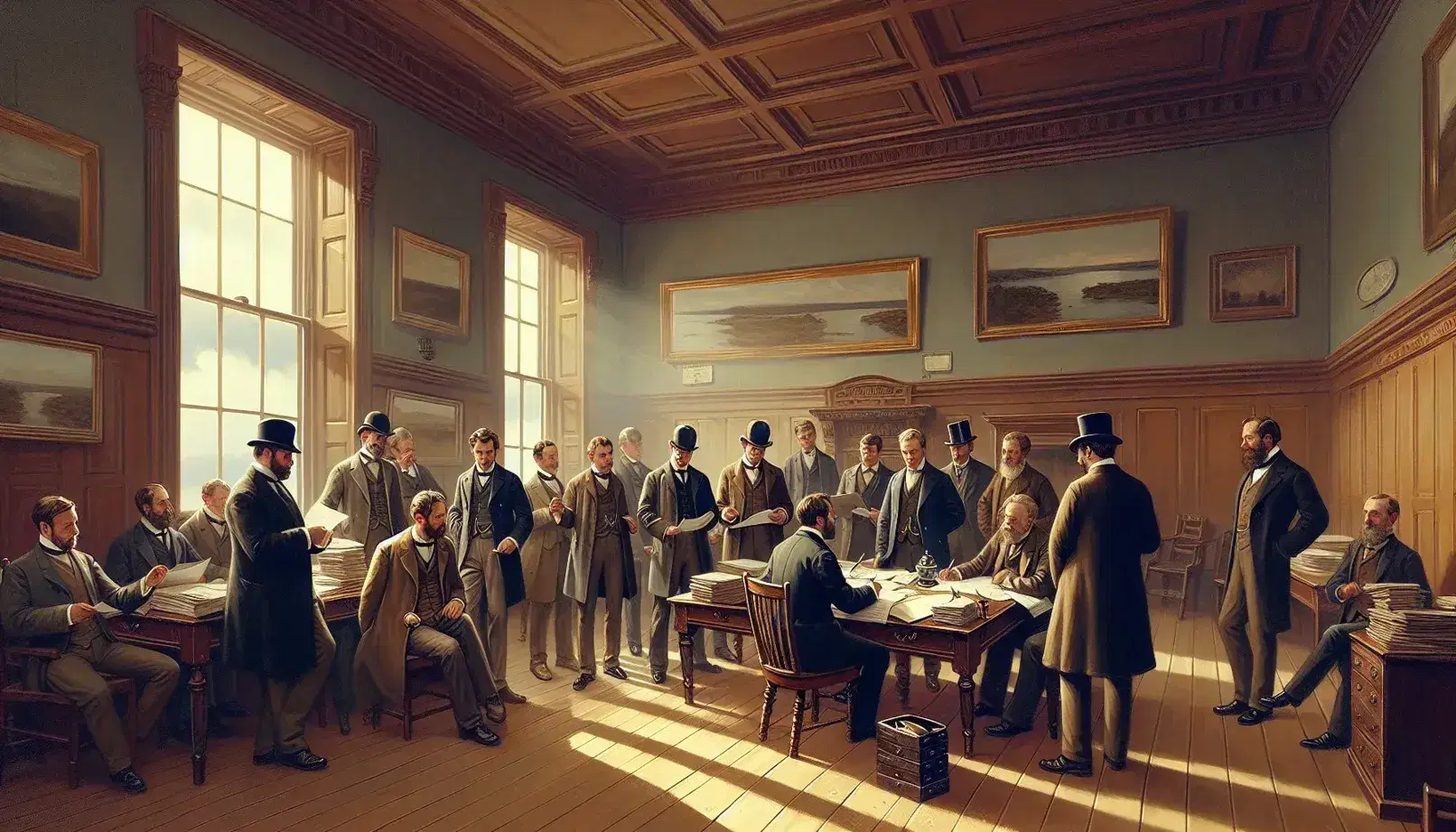 Late 19th-century meeting in a sunlit room with men in period attire around a table with books and quill pens, one gesturing as if leading a discussion.