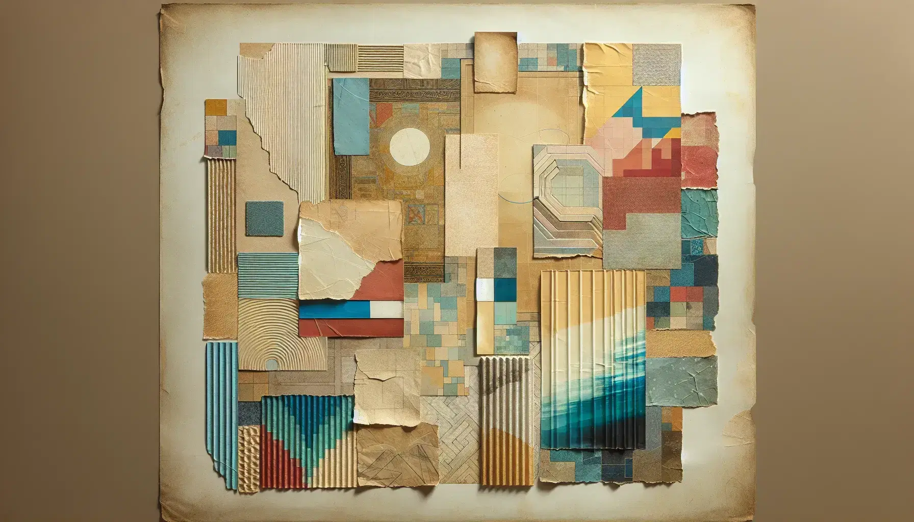 Collage artistico con frammenti di carta dai colori e texture vari, tra cui beige, blu cielo e rosso scuro, senza figure o simboli.