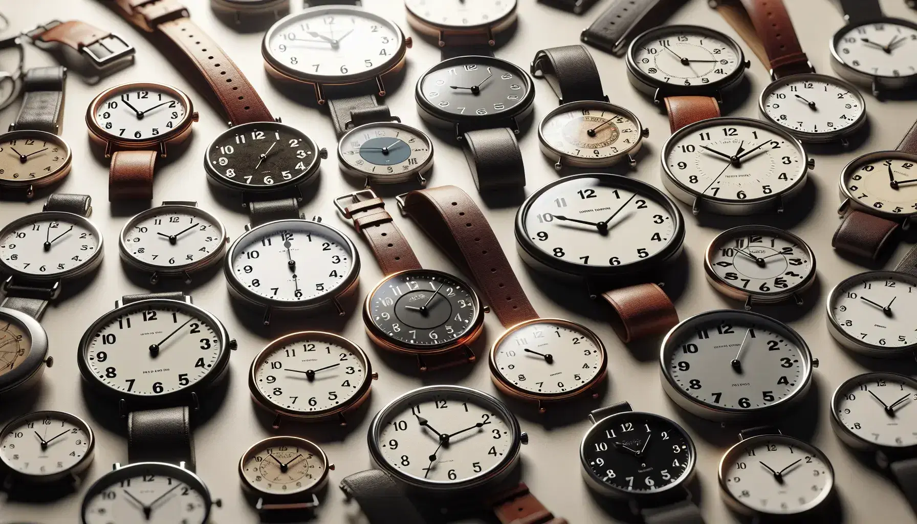 Orologi analogici vari disposti casualmente su sfondo chiaro, con cinturini in pelle e metalli, quadranti colorati e stili diversi.