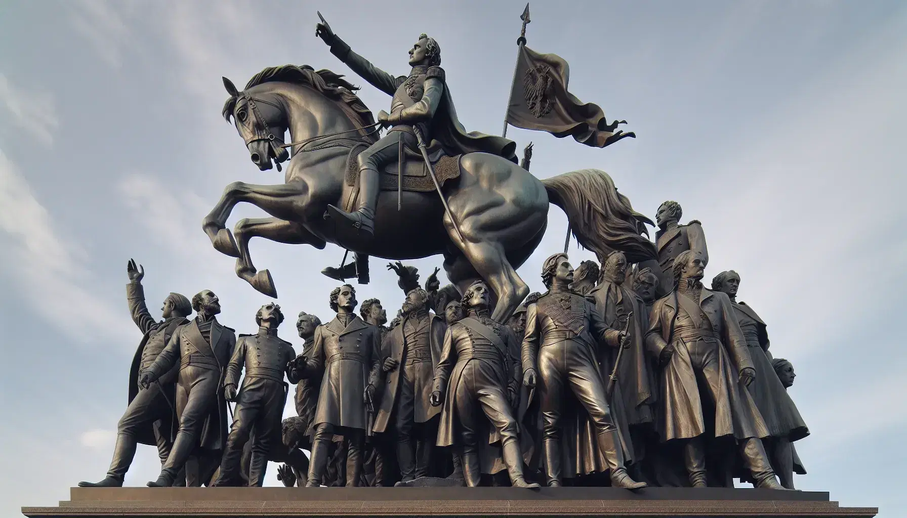 Grupo de estatuas de bronce con figura central ecuestre de líder militar del siglo XIX y acompañantes con banderas en plaza al amanecer o atardecer.