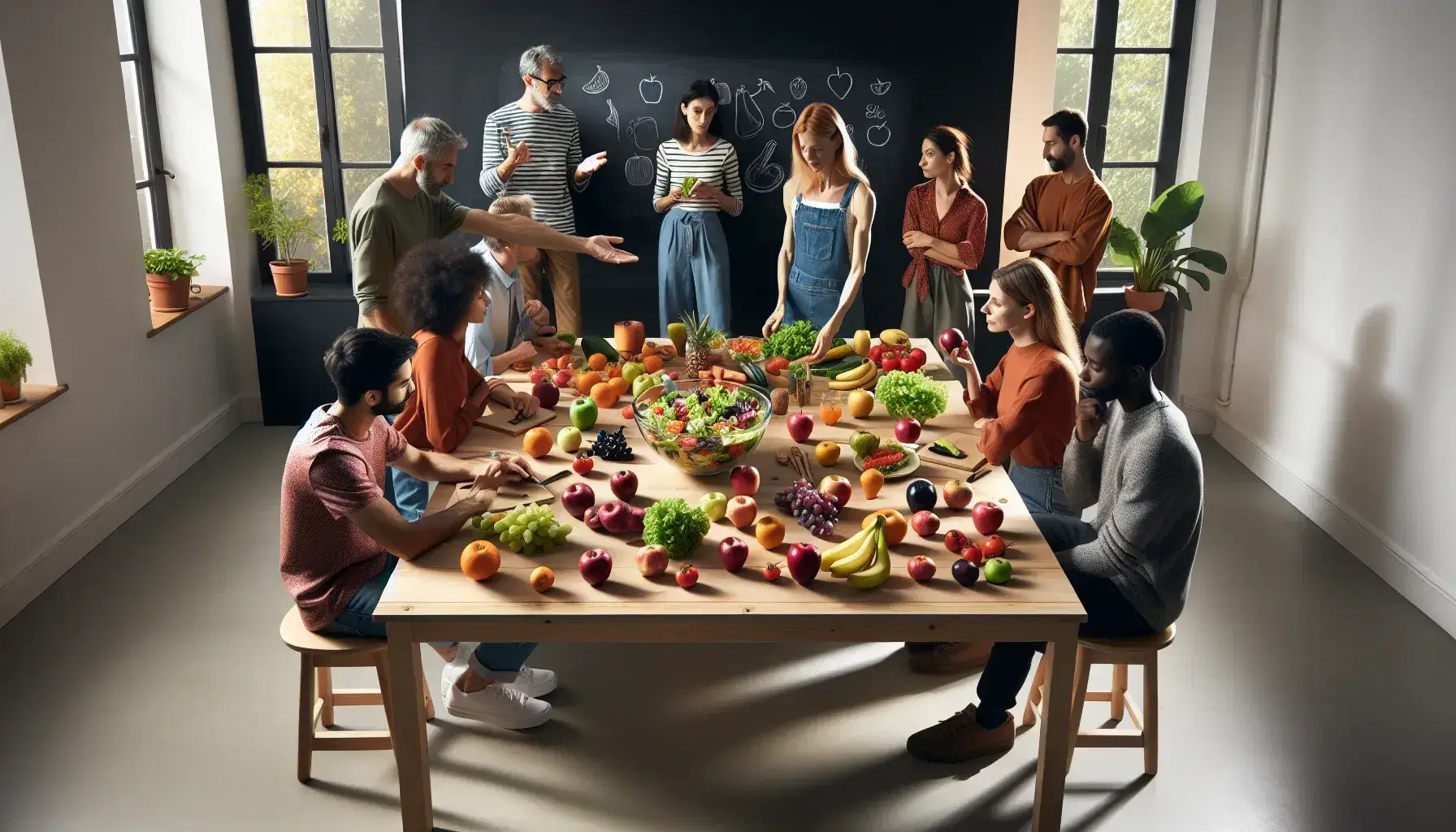 Grupo diverso de personas reunidas alrededor de una mesa con frutas y verduras frescas, interactuando en un ambiente iluminado y acogedor sin textos visibles.