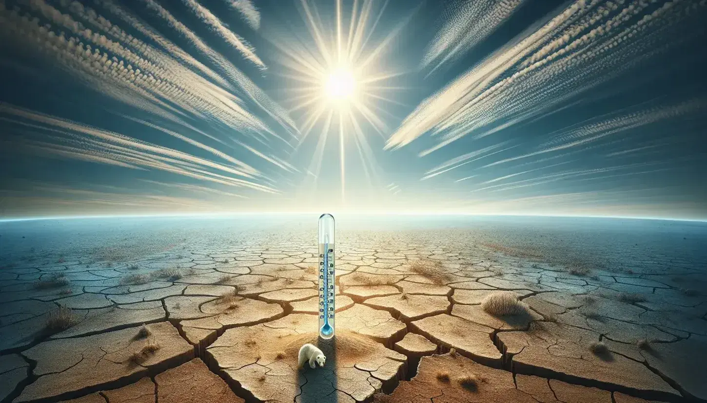 Paesaggio diviso tra cielo azzurro con sole radiante e terreno arido con termometro e orso polare fuori contesto, simbolo di riscaldamento globale.