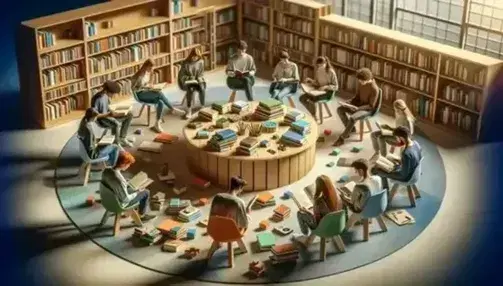 Grupo diverso de estudiantes en biblioteca participando en actividades de lectura, música, construcción con bloques y dibujo digital, sentados alrededor de una mesa con libros en un ambiente iluminado y tranquilo.