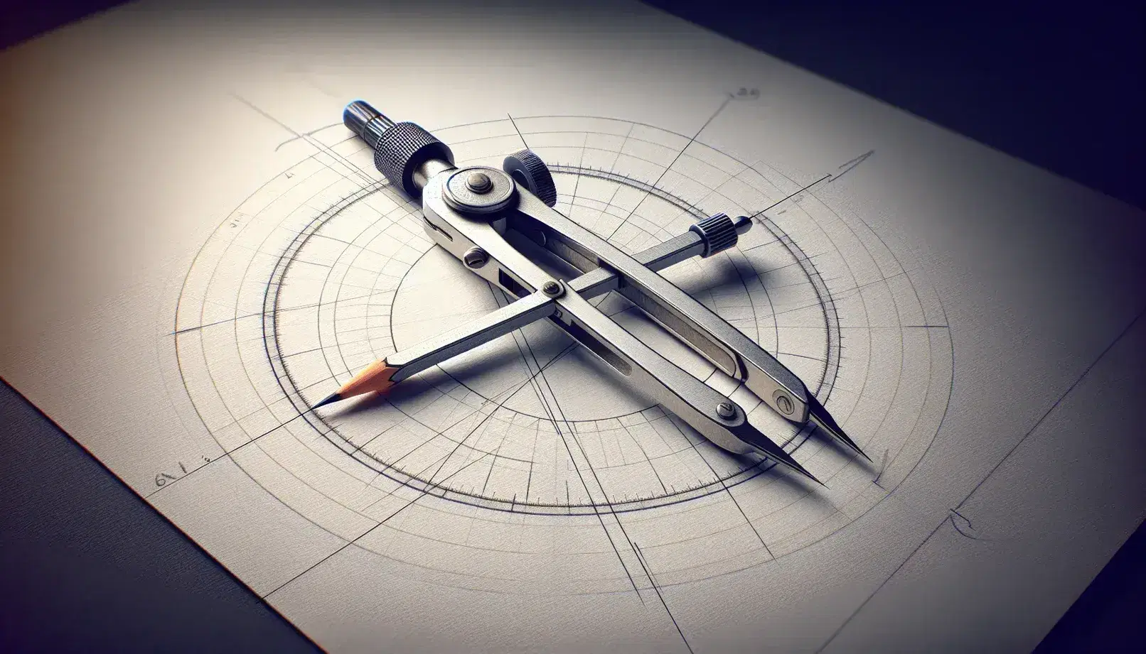 Close-up view of a metallic compass on white paper with a partially drawn circle, intersecting lines forming vertical angles, and secant lines.
