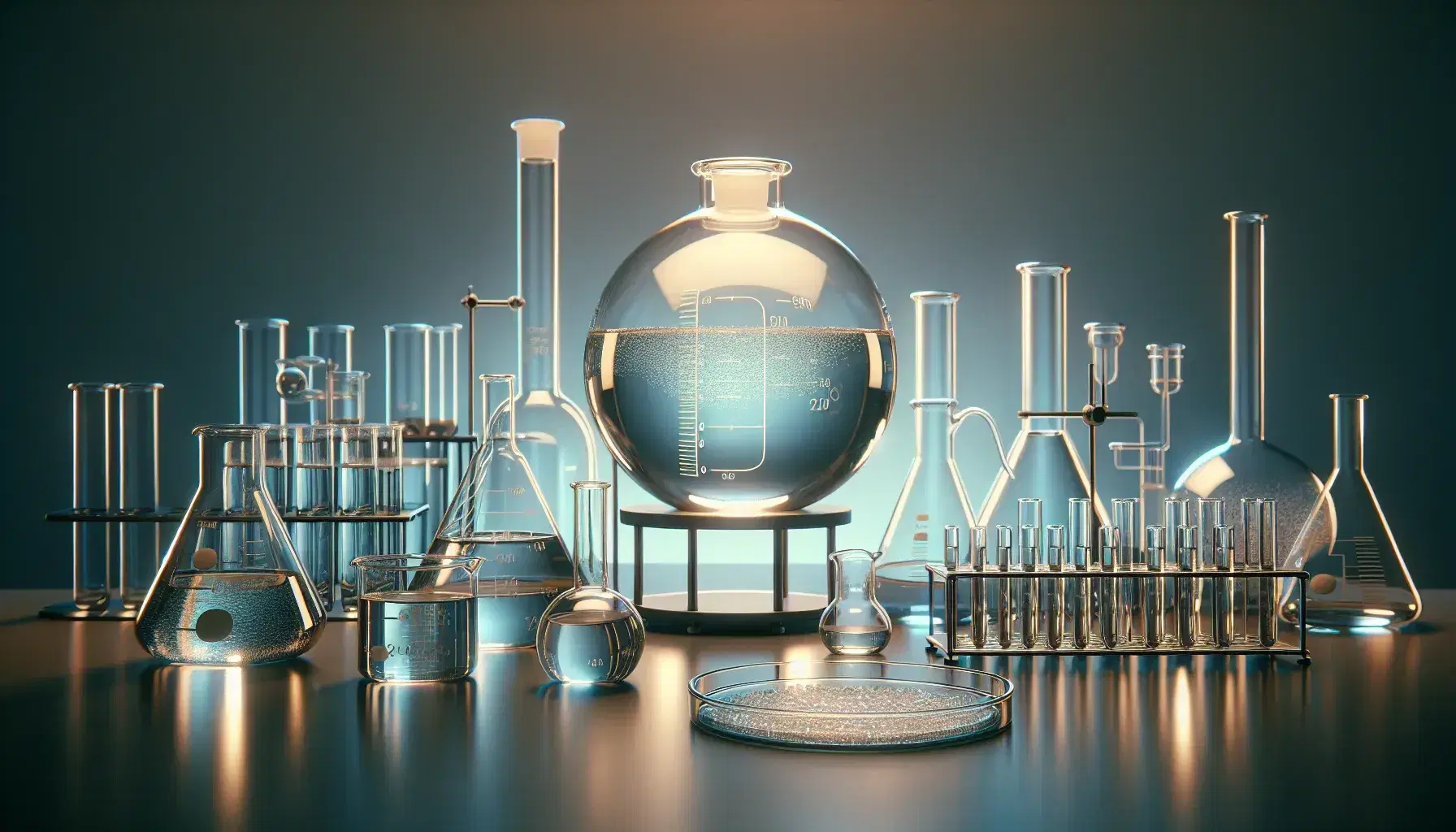 Laboratory bench with glassware including a round-bottomed flask, graduated cylinder, petri dish with crystals, test tubes, and beaker on a matte black surface.