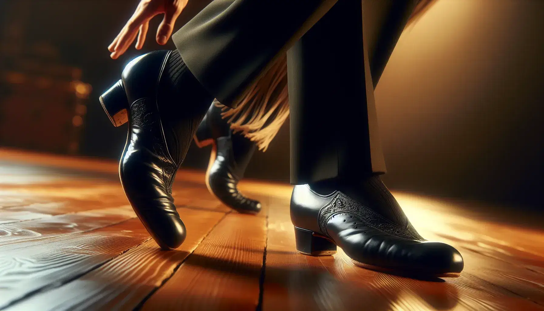 Close-up of flamenco dancer's feet in motion, with black shoes striking a wooden floor, capturing the dynamic essence of the dance.