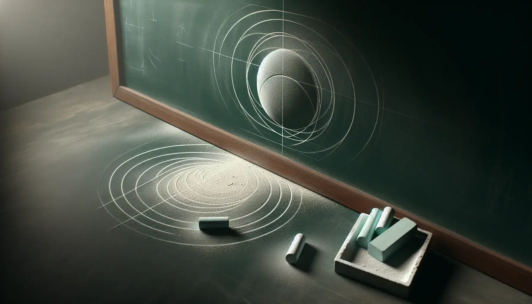 Pizarra verde oscuro con marcas curvas de tiza blanca, borrador gris apoyado y tizas en primer plano, en un aula con luz suave.
