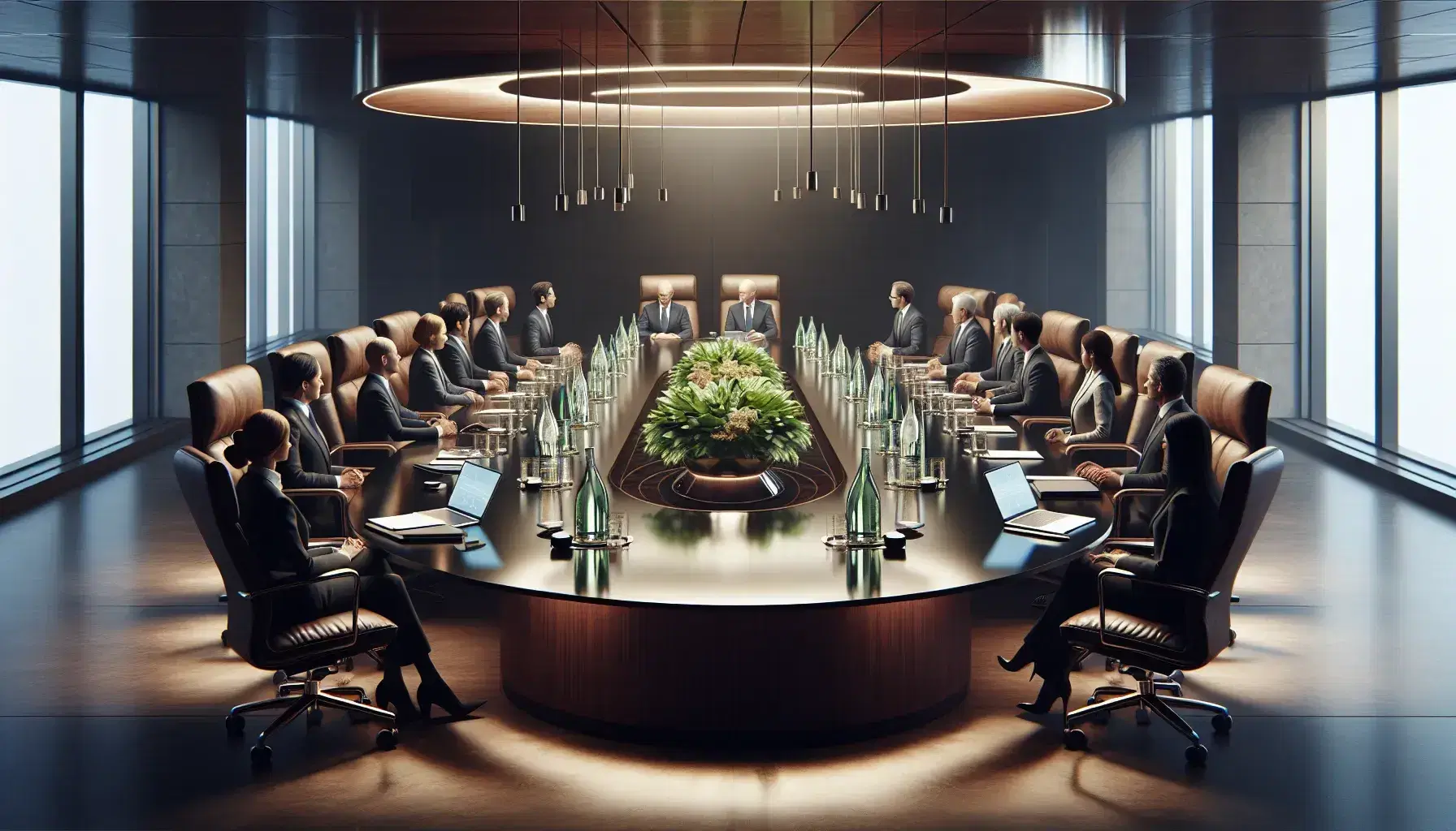 Diverse business professionals in a modern boardroom with a large wooden table, laptops, and a city view through expansive windows.