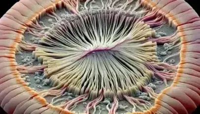 Sezione trasversale colorata del nervo ottico umano al microscopio, con fasci nervosi, guaina connettiva e vasi sanguigni.