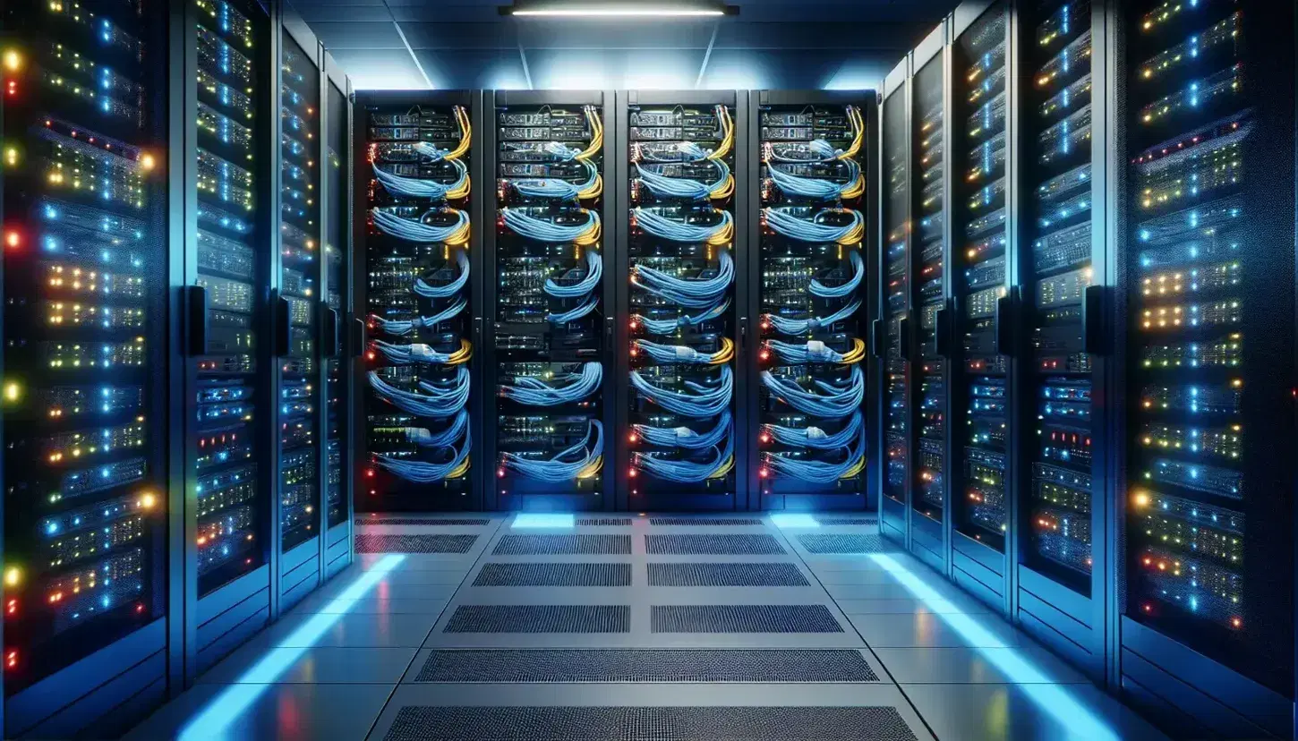 Racks de servidores en una sala de datos con iluminación LED azul y blanca, cables de colores organizados y suelo técnico para refrigeración.