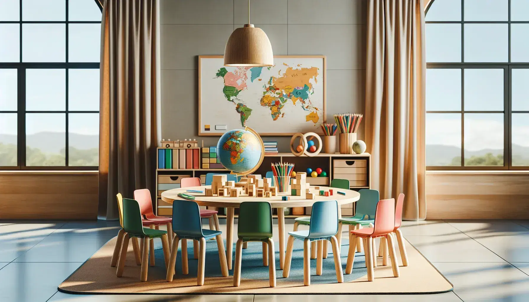 Aula colorida y luminosa con mesa redonda y sillas de plástico multicolores, bloques de construcción de madera, globo terráqueo y materiales didácticos en estantería, sin personas.