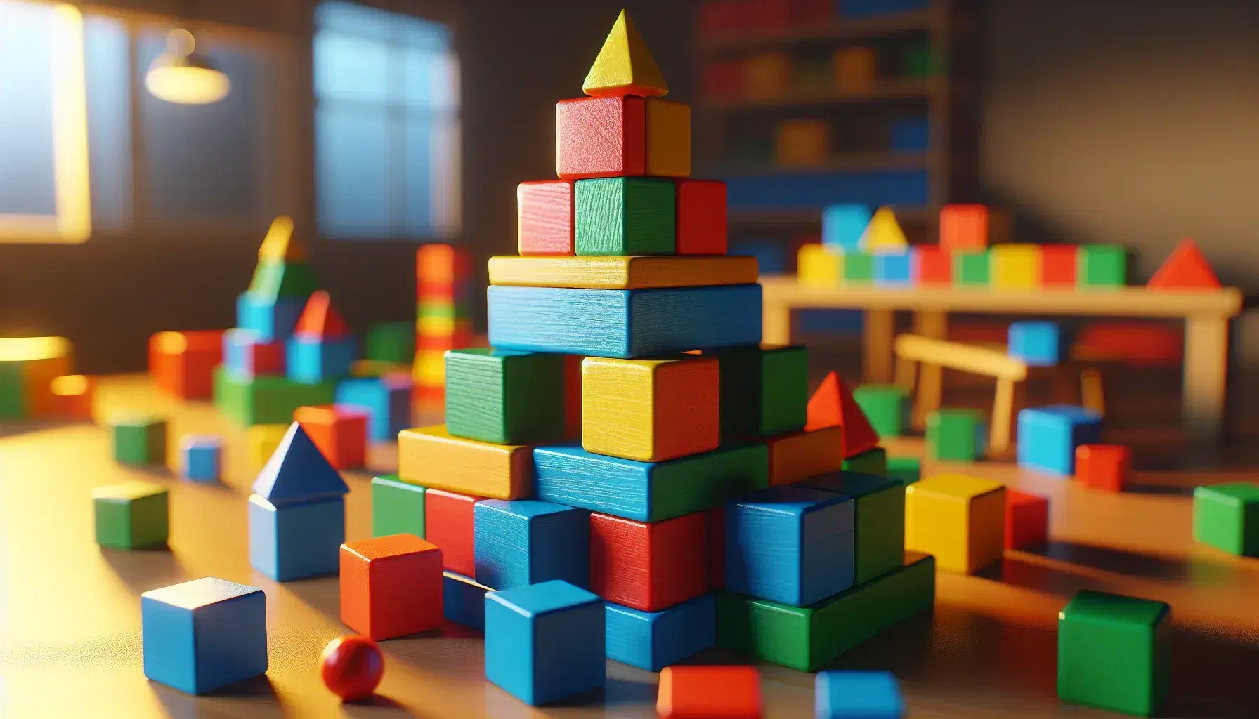 Torre di blocchi colorati in legno con forme geometriche diverse, inclusi cubi e cilindri, su superficie piana.