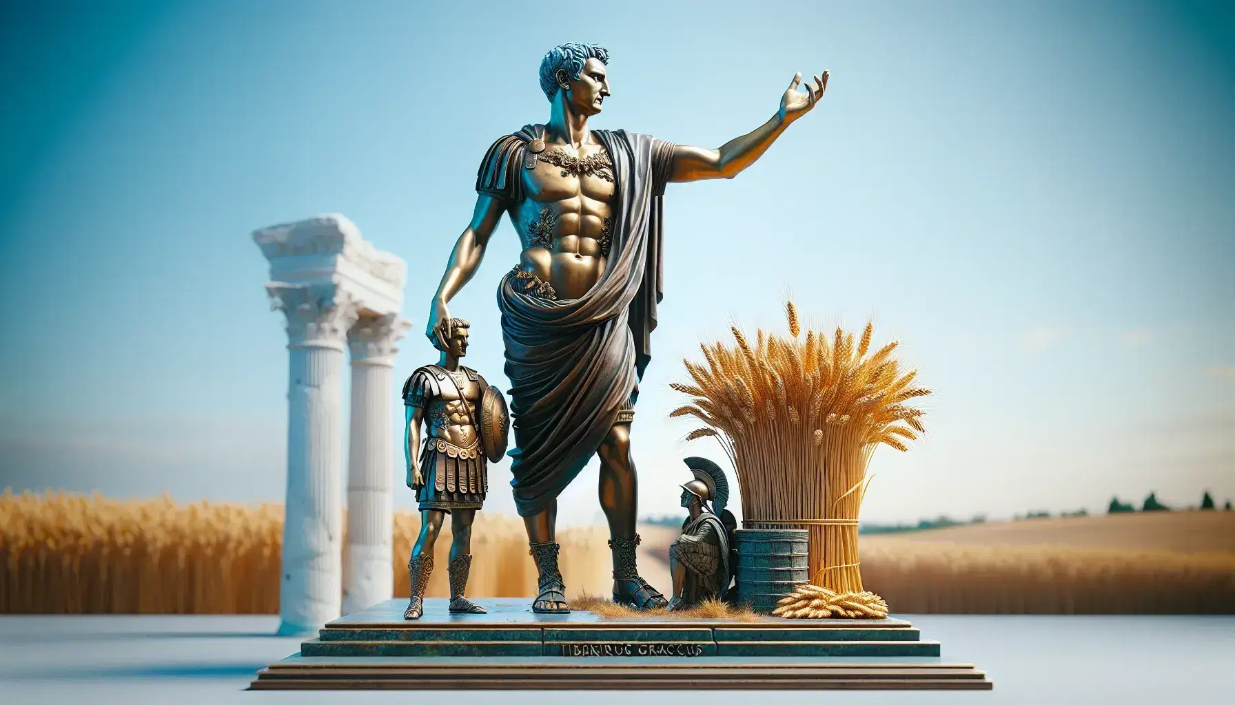 Statua in bronzo di Tiberio Gracco con mano estesa, spighe d'oro ai piedi e soldato romano e colonna antica ai lati sotto cielo azzurro.