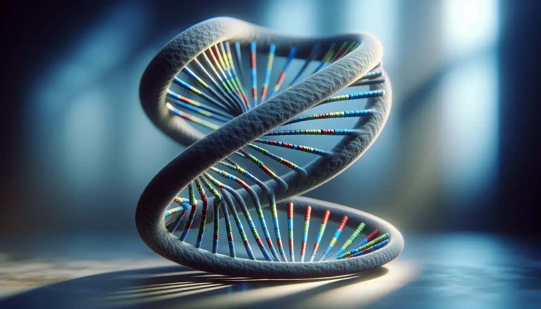 Estructura detallada de una doble hélice de ADN en 3D con pares de bases en colores contrastantes y fondo desenfocado azul grisáceo.