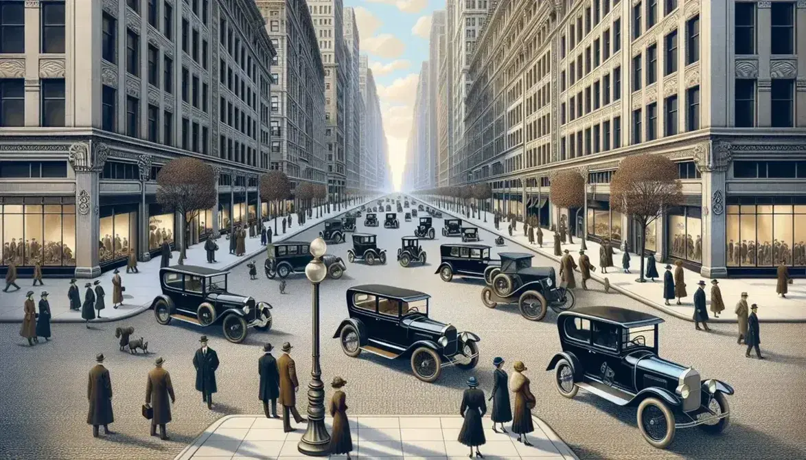 Escena urbana de los años 20 con coches vintage y personas vestidas a la moda de la época caminando por una calle flanqueada por edificios ornamentados.