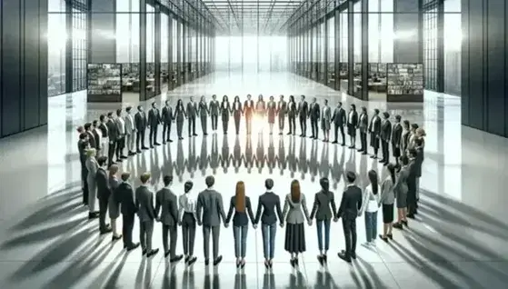 Grupo diverso de profesionales en círculo mostrando unidad con manos unidas en el centro, en un espacio moderno y luminoso.