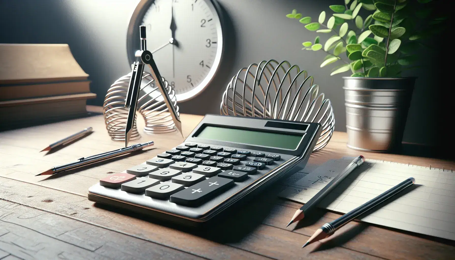 Scientific calculator on a wooden desk with compasses, protractor, ruler, coiled spring, and a potted plant near an unmarked wall clock.