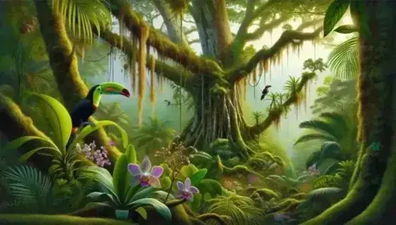 Bosque tropical húmedo en Colombia con orquídea morada, árboles con musgo, tucán de pico colorido en rama y suelo forestal iluminado por rayos de sol.