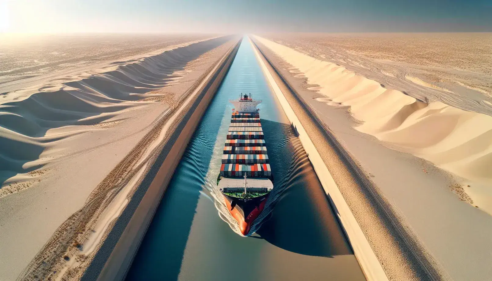 Cargo ship with multicolored containers traverses a desert canal, reflecting the sun in the calm blue water, flanked by sparse vegetation.
