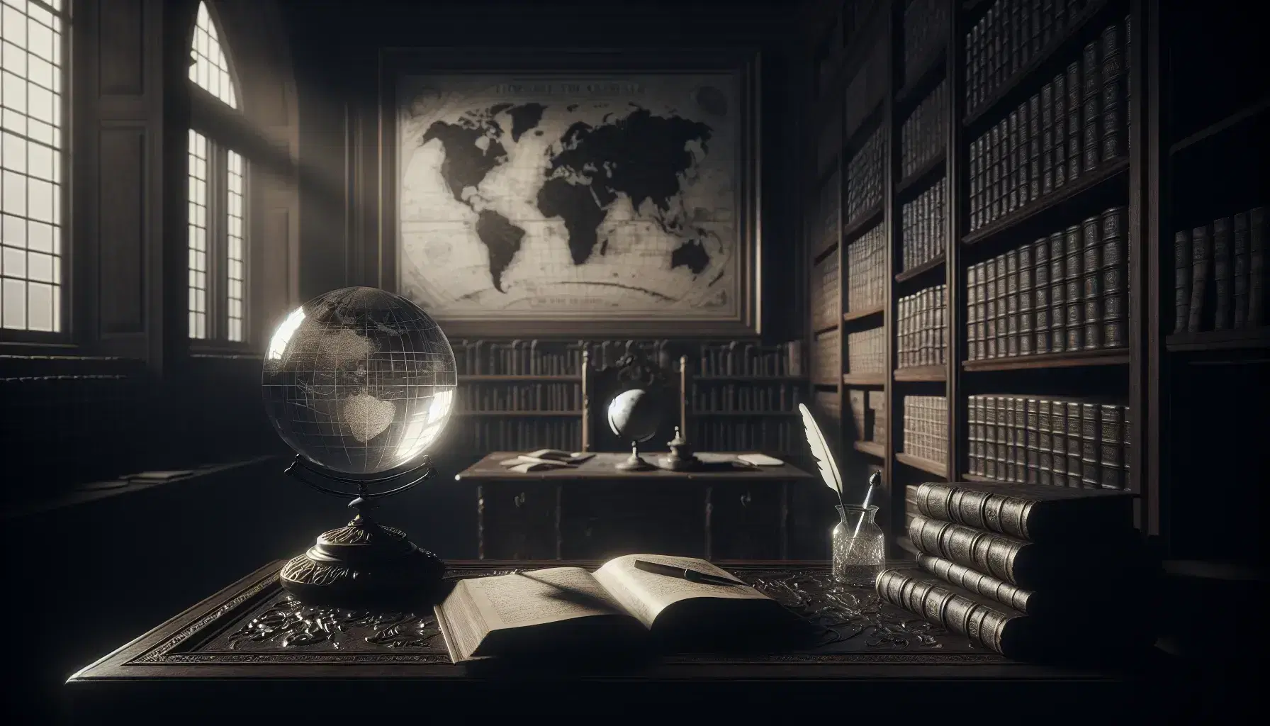 Biblioteca antica con scaffali in legno scuro e libri rilegati in pelle, sfera di cristallo su piedistallo e mappa del mondo sul muro.