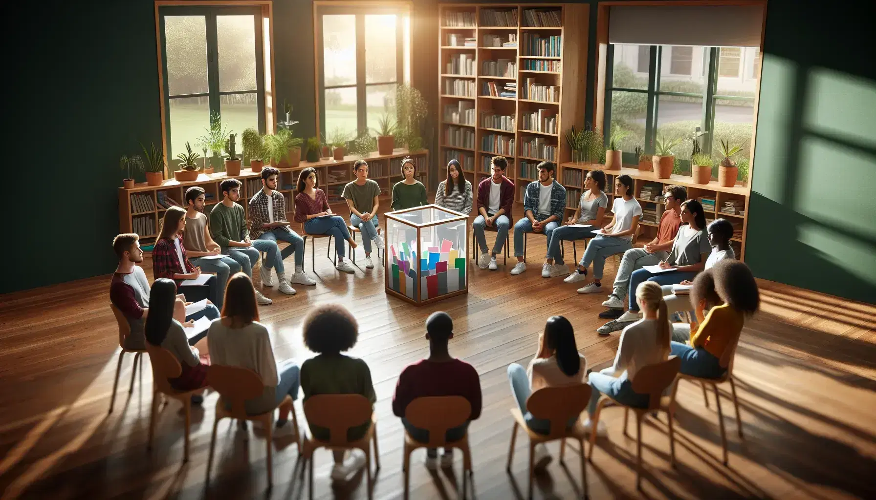 Grupo diverso de estudiantes participando en actividad de votación en aula iluminada, con caja de votos transparente y ambiente decorado con plantas.