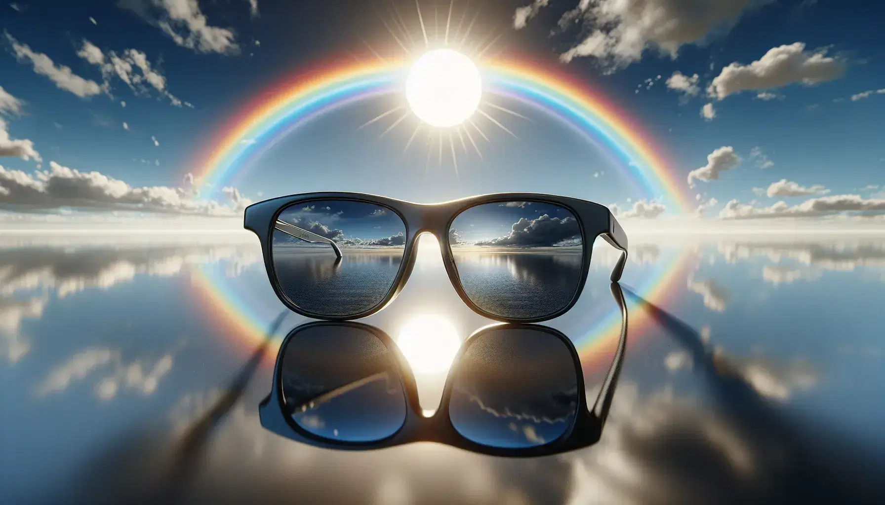 Bright sun with rays above polarized sunglasses on reflective surface, with a vivid rainbow arcing in a clear blue sky.