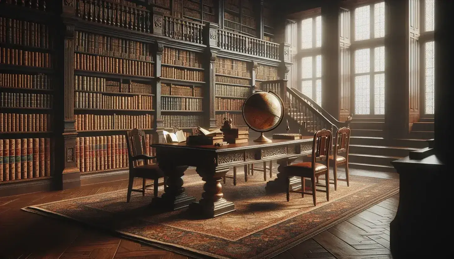 Biblioteca antigua con estanterías de madera oscura llenas de libros, mesa central con globo terráqueo y sillas de cuero, iluminada por lámpara de pie y luz natural.